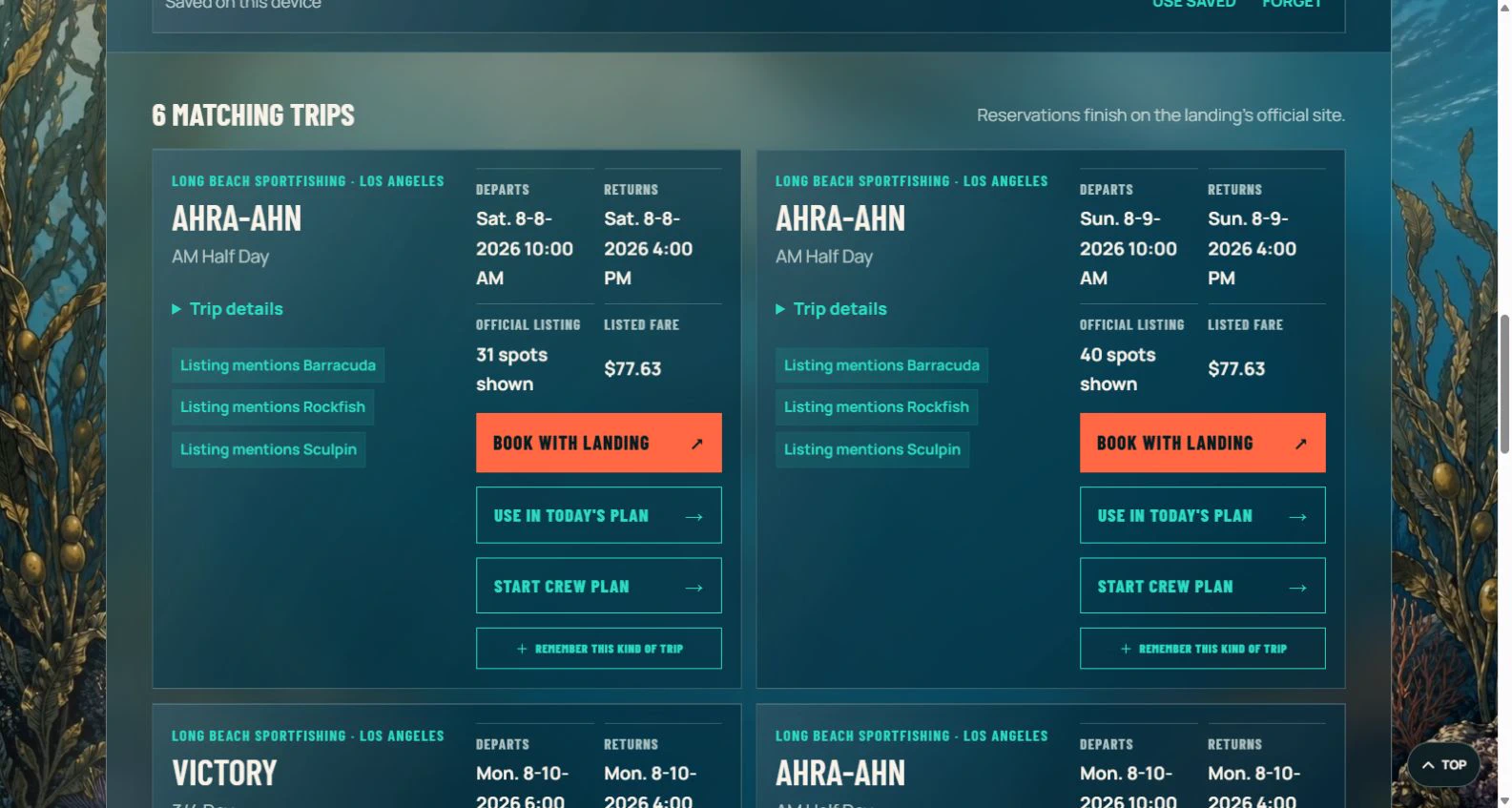 Proven Waters live trip listings with departure times, availability, and fares