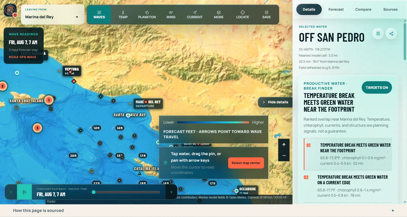 Proven Waters interactive water map showing wave forecasts and selected water off San Pedro