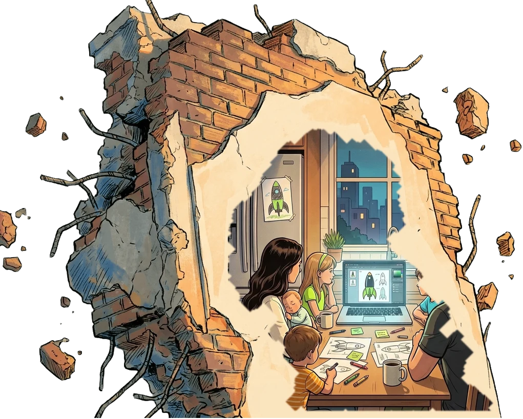 Seen through a blown-open brick wall: the whole family around the kitchen table at night, one laptop open