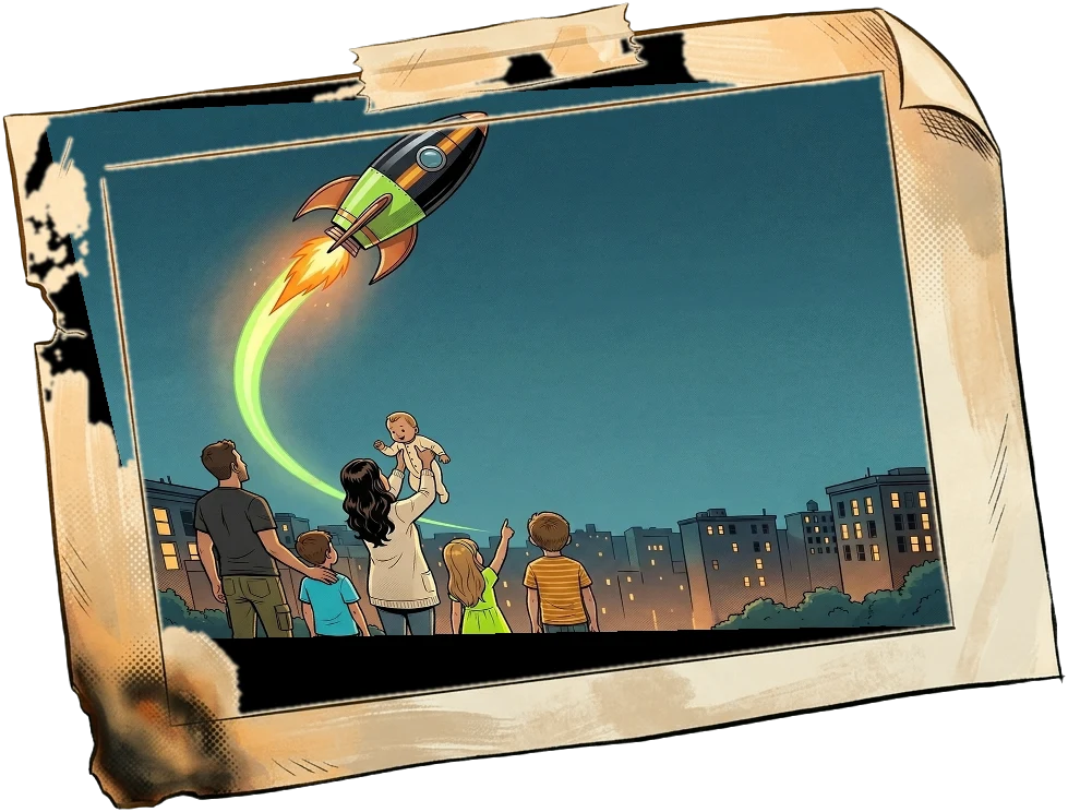A weathered poster caught in the wind showing the family watching the BuzzFam! rocket lift off over the city
