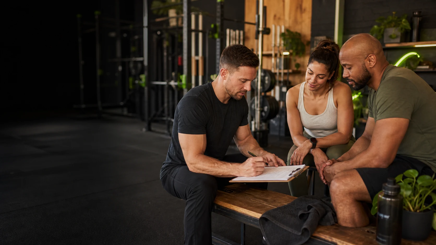 Coach preparing a strength plan with two gym members