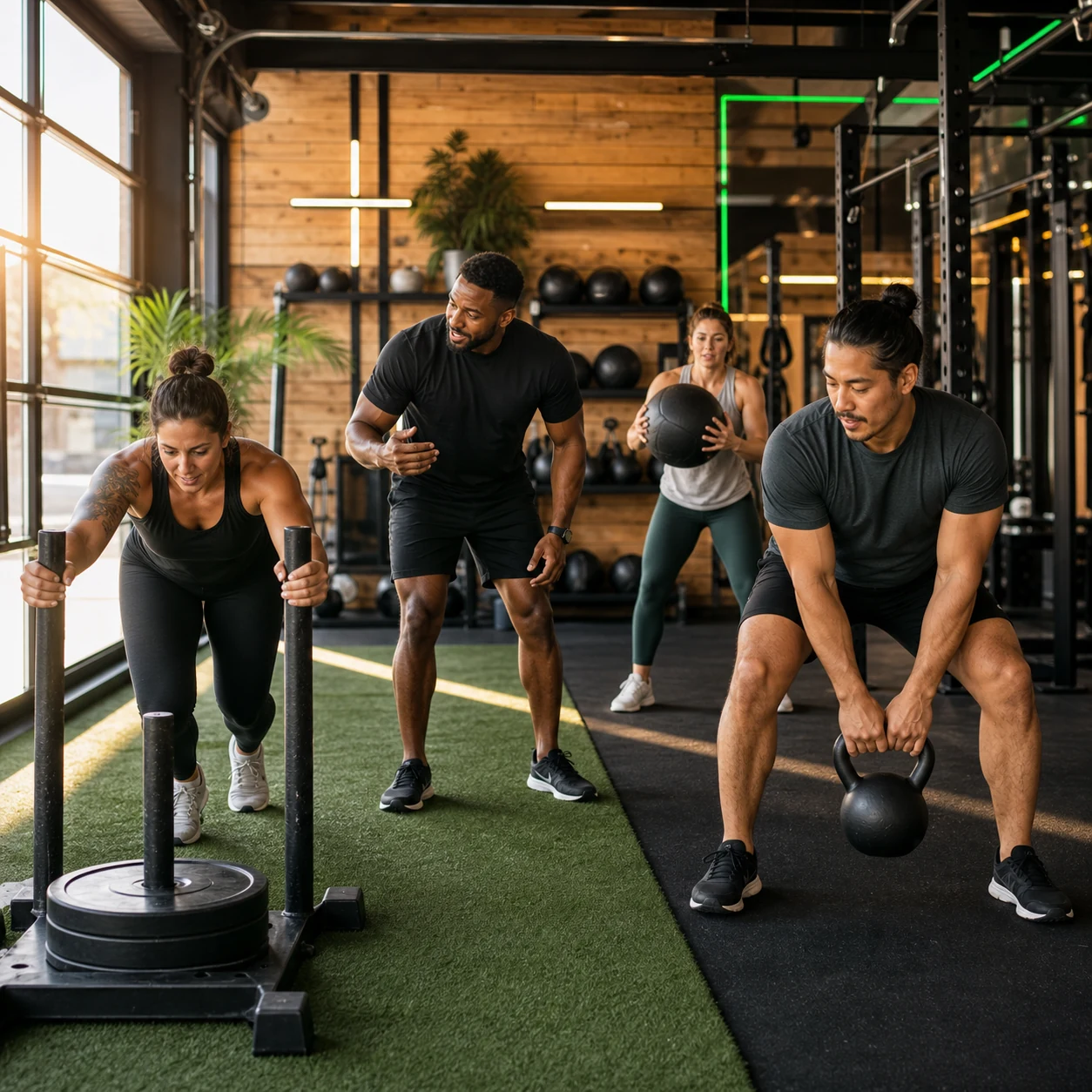 Adults taking part in a coached strength circuit