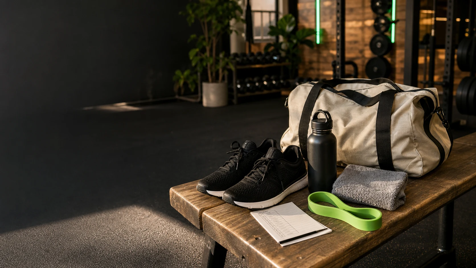 Gym bag, shoes, water bottle, towel, and resistance band ready for a workout