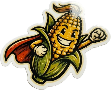 Super Kernel — a caped flying corn sticker